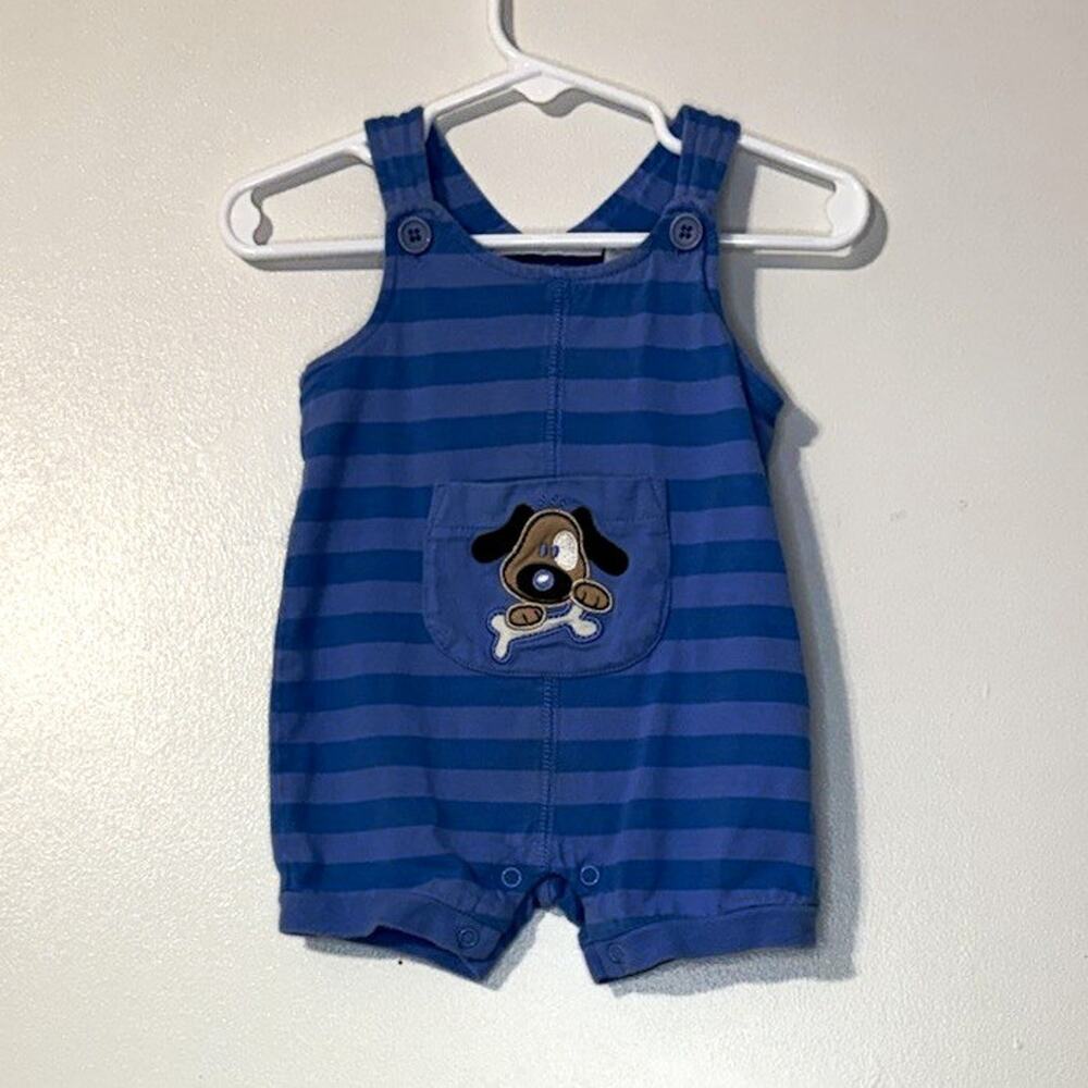 Specialty Baby Sleeveless Cotton Knit Striped Dog Applique Romper Blue 3-6M